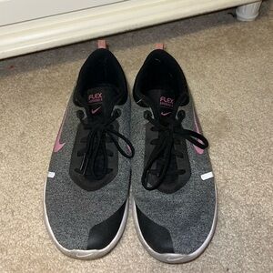 Nike Flex Experience 8 tennis shoes in black, grey, and light pink